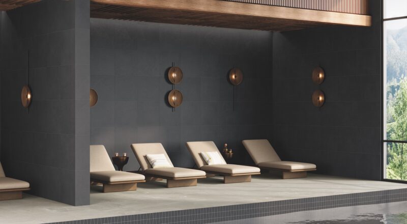 Hotel pool and spa with Sand Garden with Visual Touch on walls, floors and pool waterline.