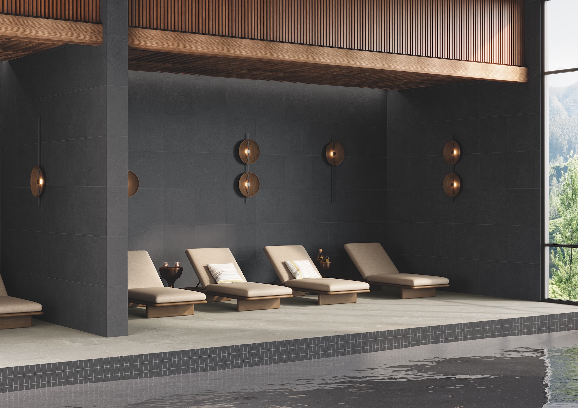 Hotel pool and spa with Sand Garden with Visual Touch on walls, floors and pool waterline.