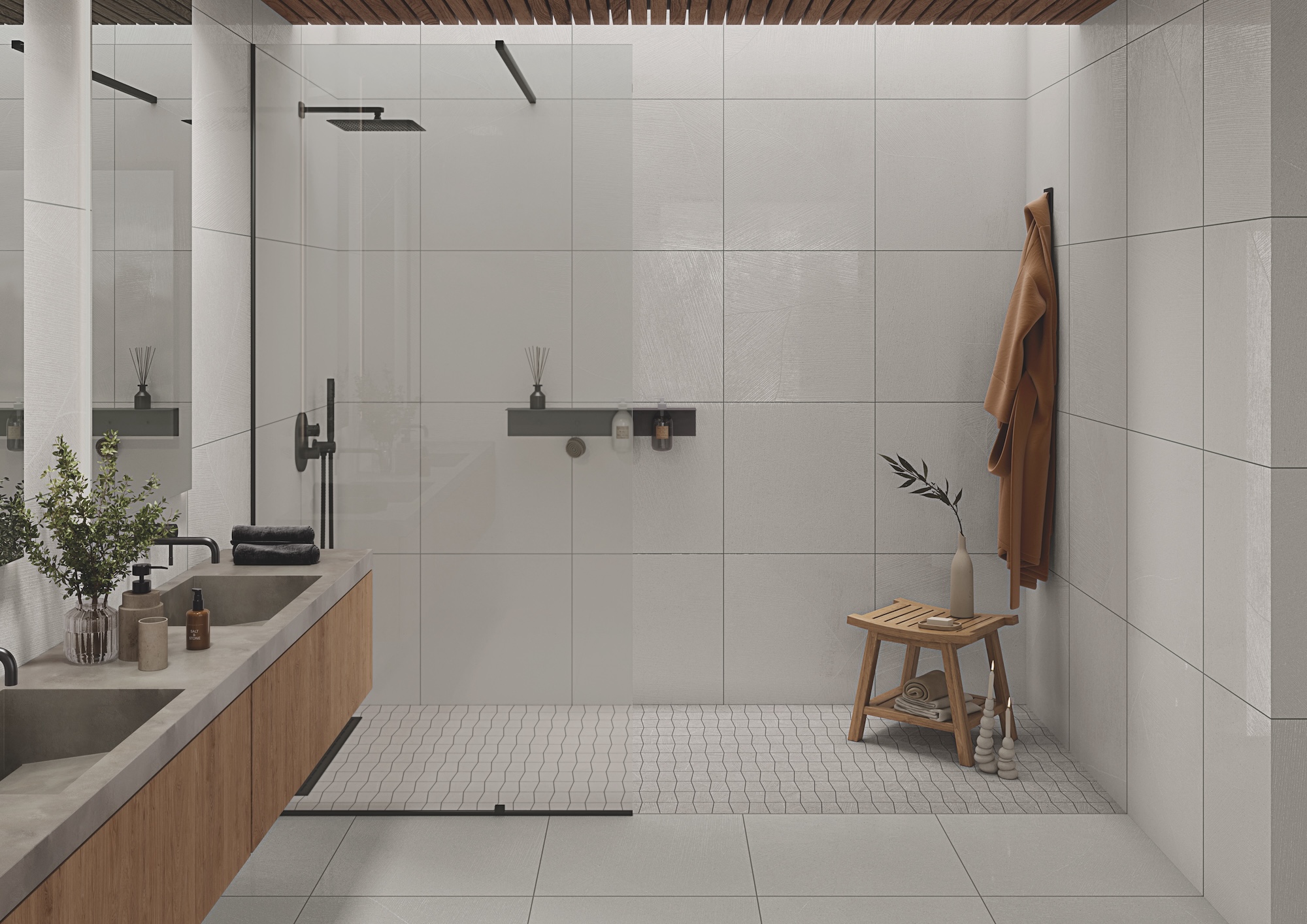 Bathroom and large walk in shower with Sand Garden porcelain tile with Visual Touch on walls and floors