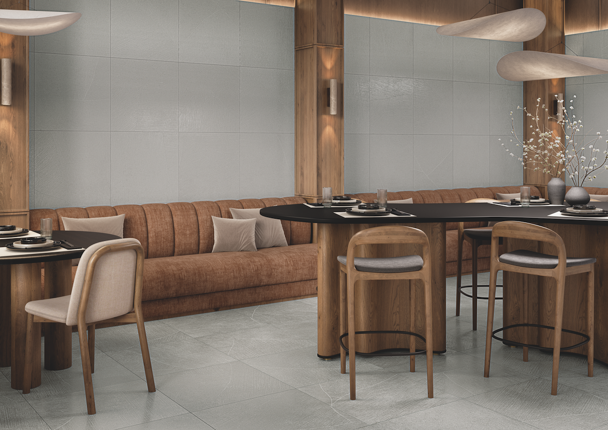 Restaurant with sand Garden porcelain tile with Visual Touch on floors and walls