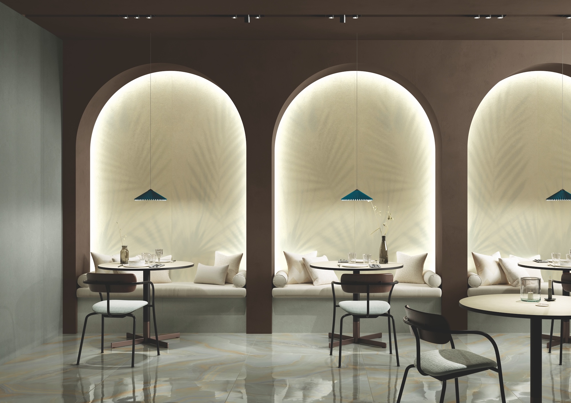 gemini porcelain panels in the flora deco on the walls of a chic restaurant