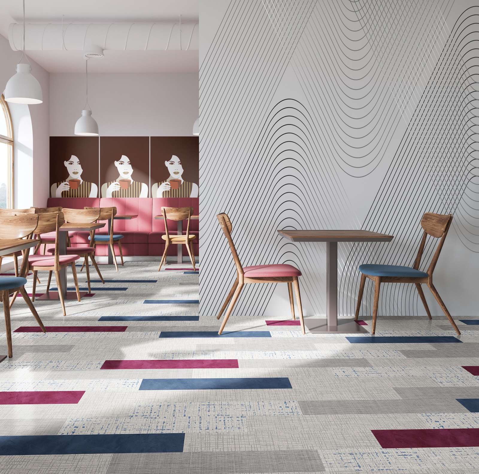 retsuarant with colorful LVT floor designed with Kaleido Color Lab.