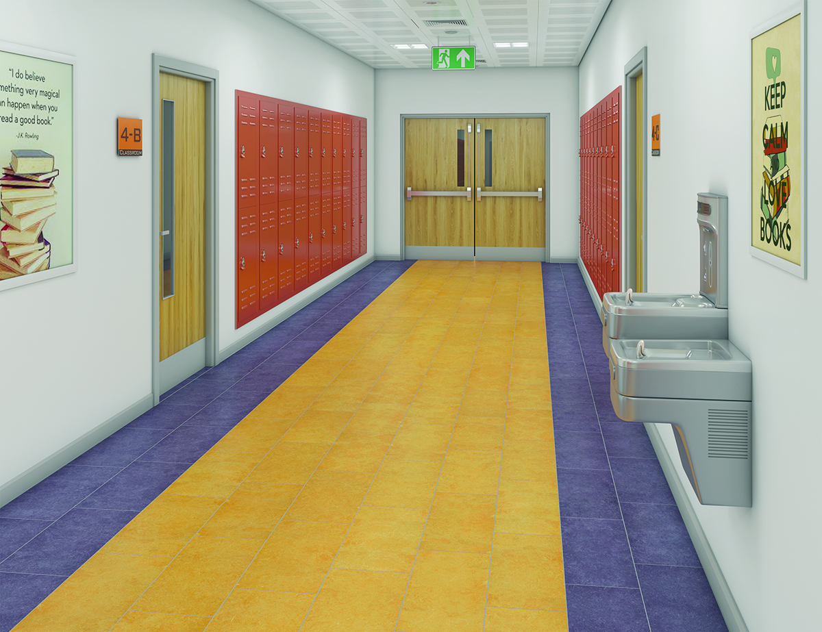 Vivid school hallway with purple and gold tiled floor and orange lockers.