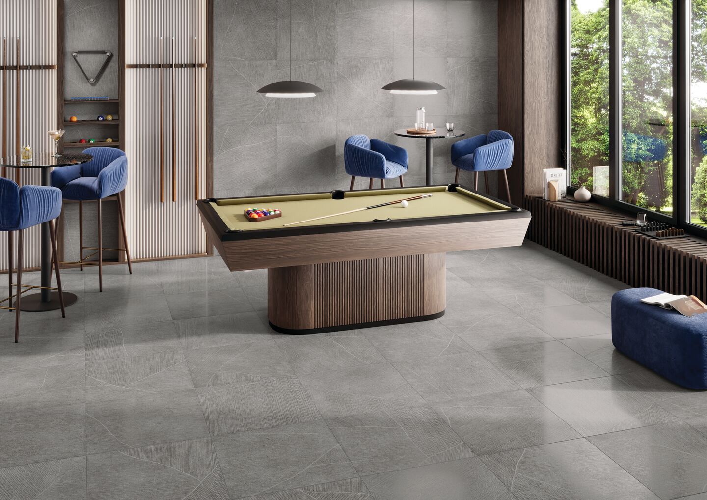 Multifamily clubhouse with pool table, Sand Garden in Taupe on walls and floors 