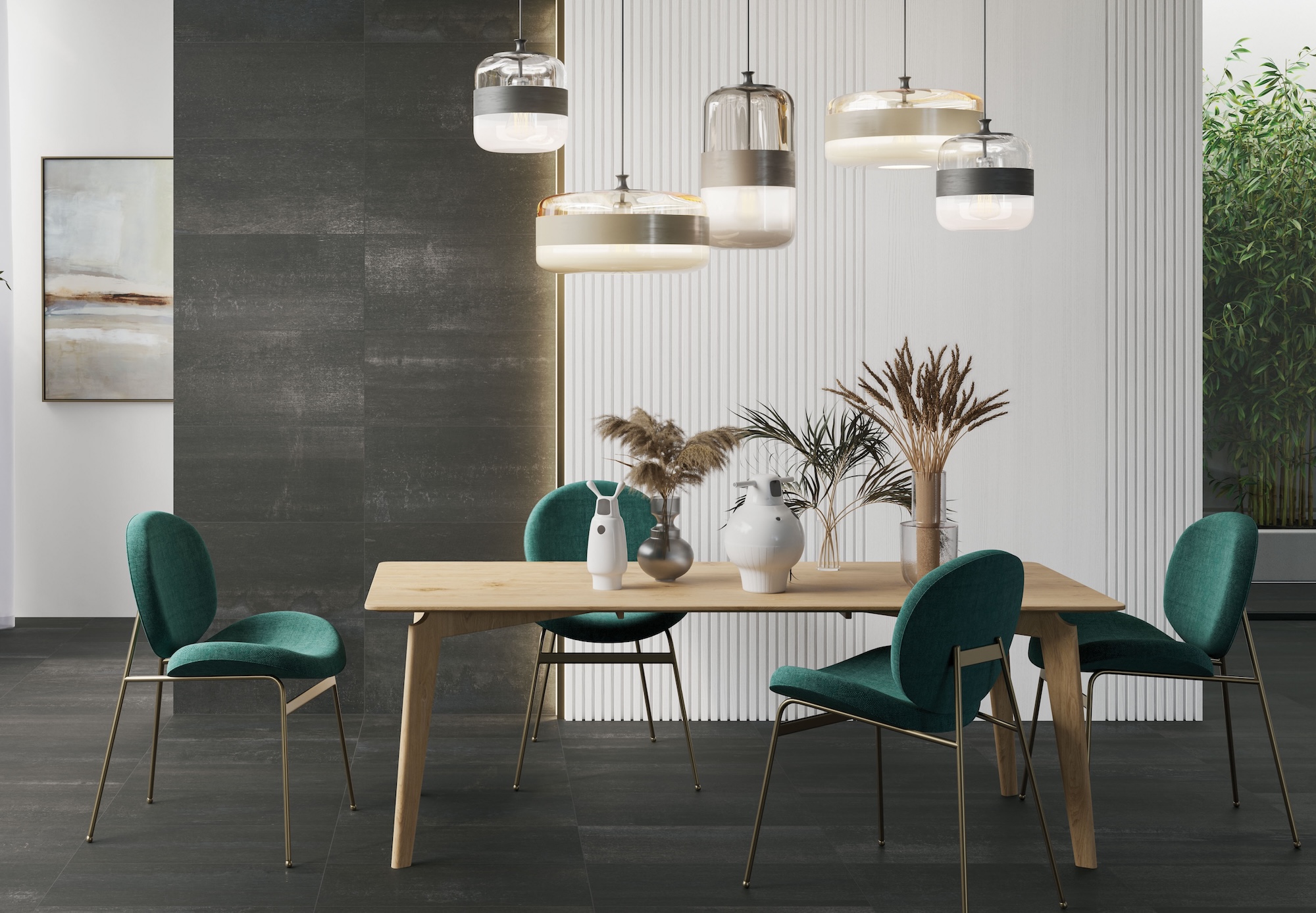 Large format Mative Metal porcelain tile in a horizontal stack pattern on wall