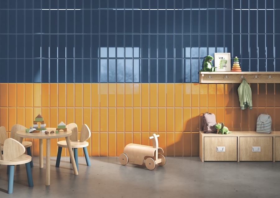 Subway tiles in verticcal stack in an educational space