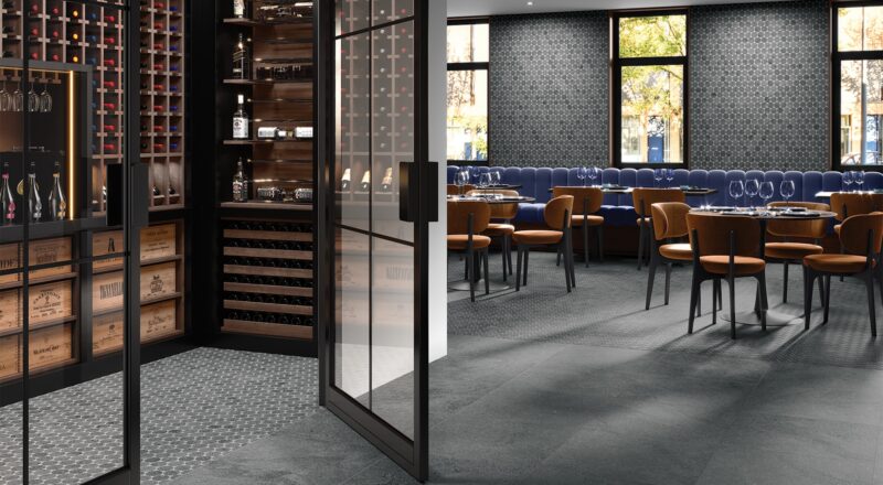 restaurant with Trajectory circular m,osaics on wall