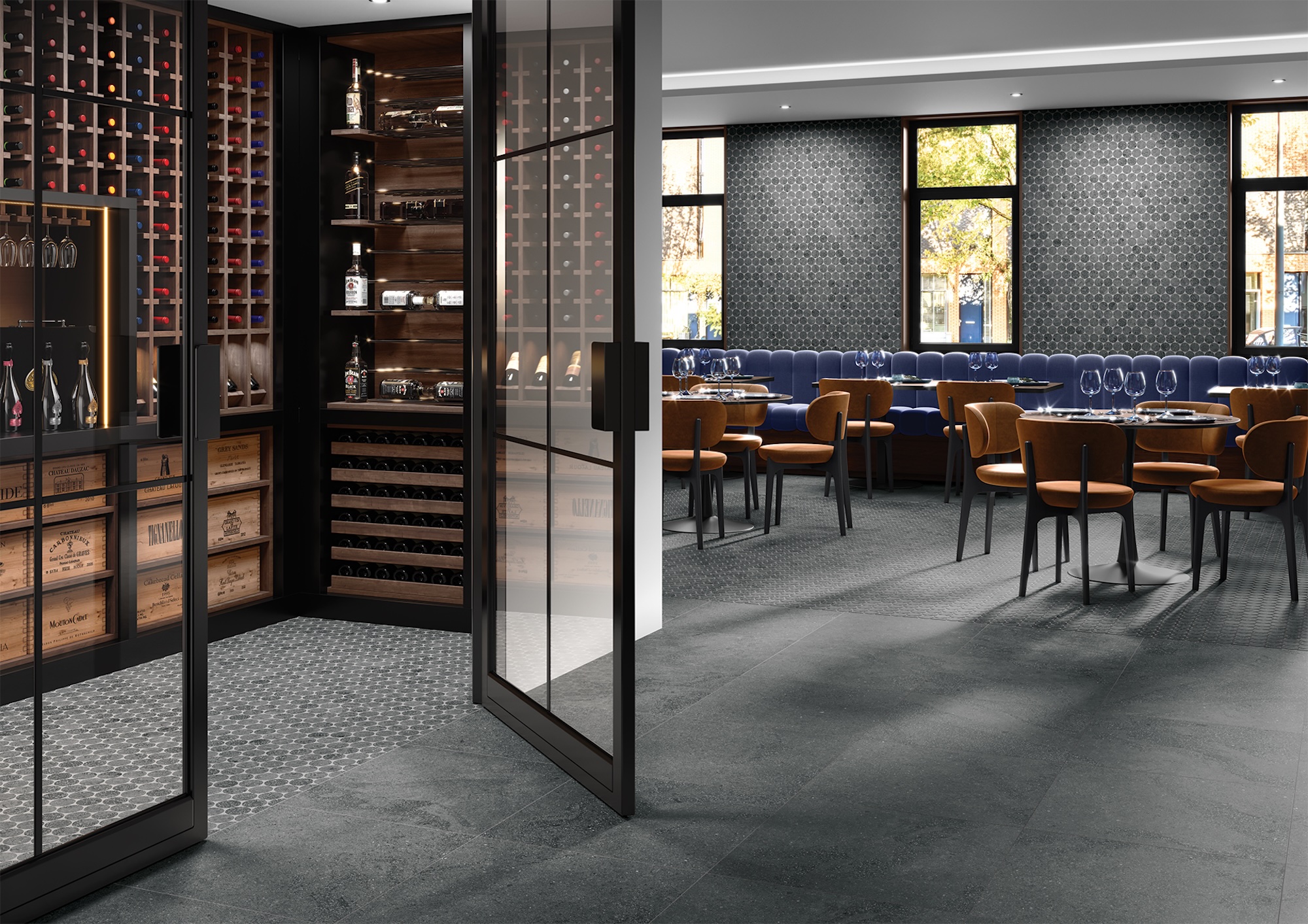 restaurant with Trajectory circular m,osaics on wall