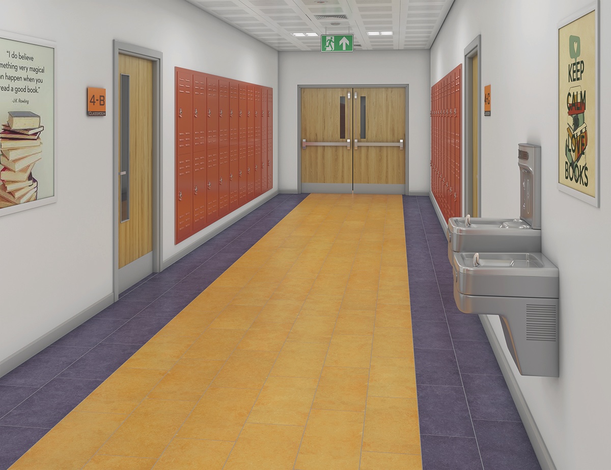 School corridor with colorful wayfinding