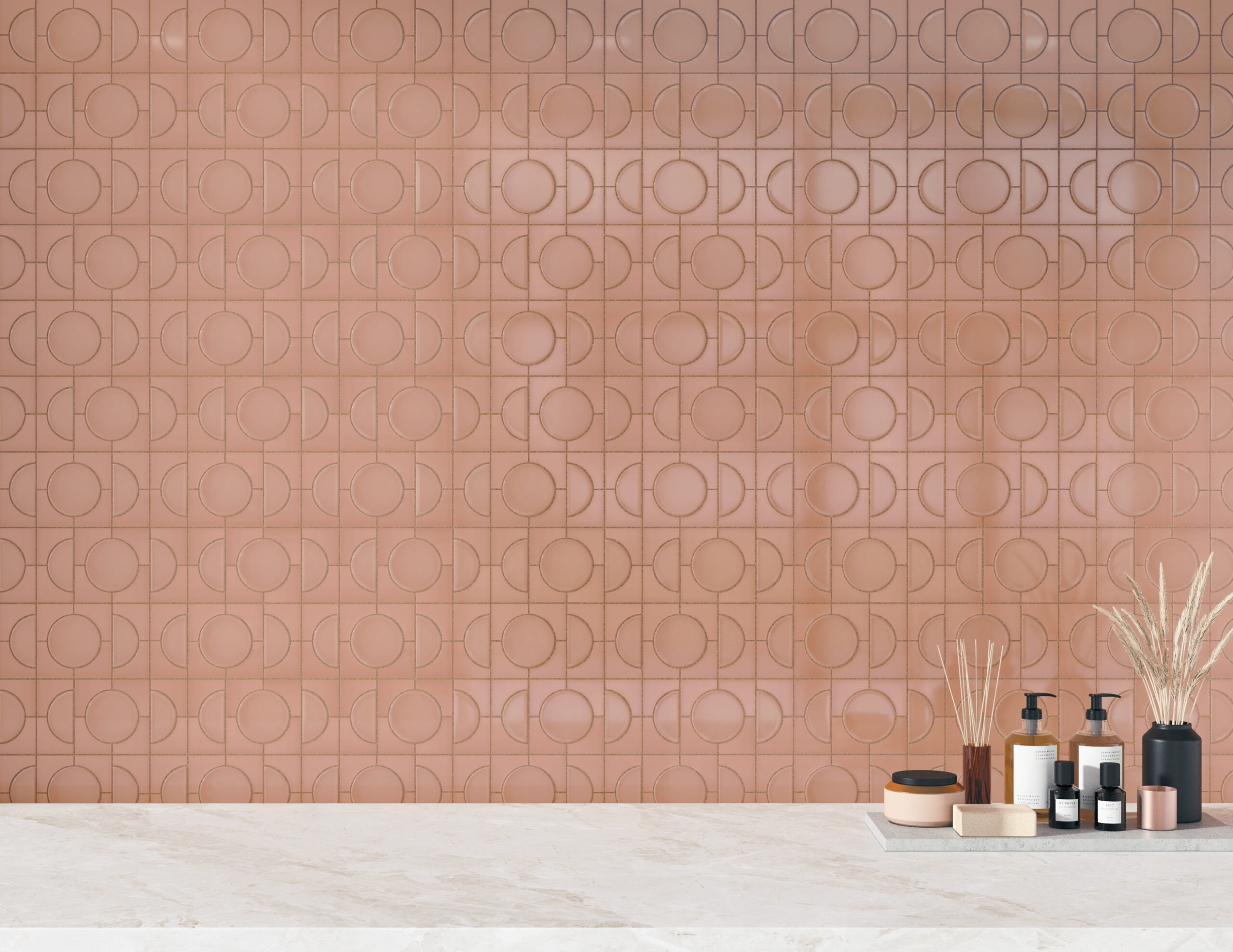 Wall with rose gold ceramic mosaics