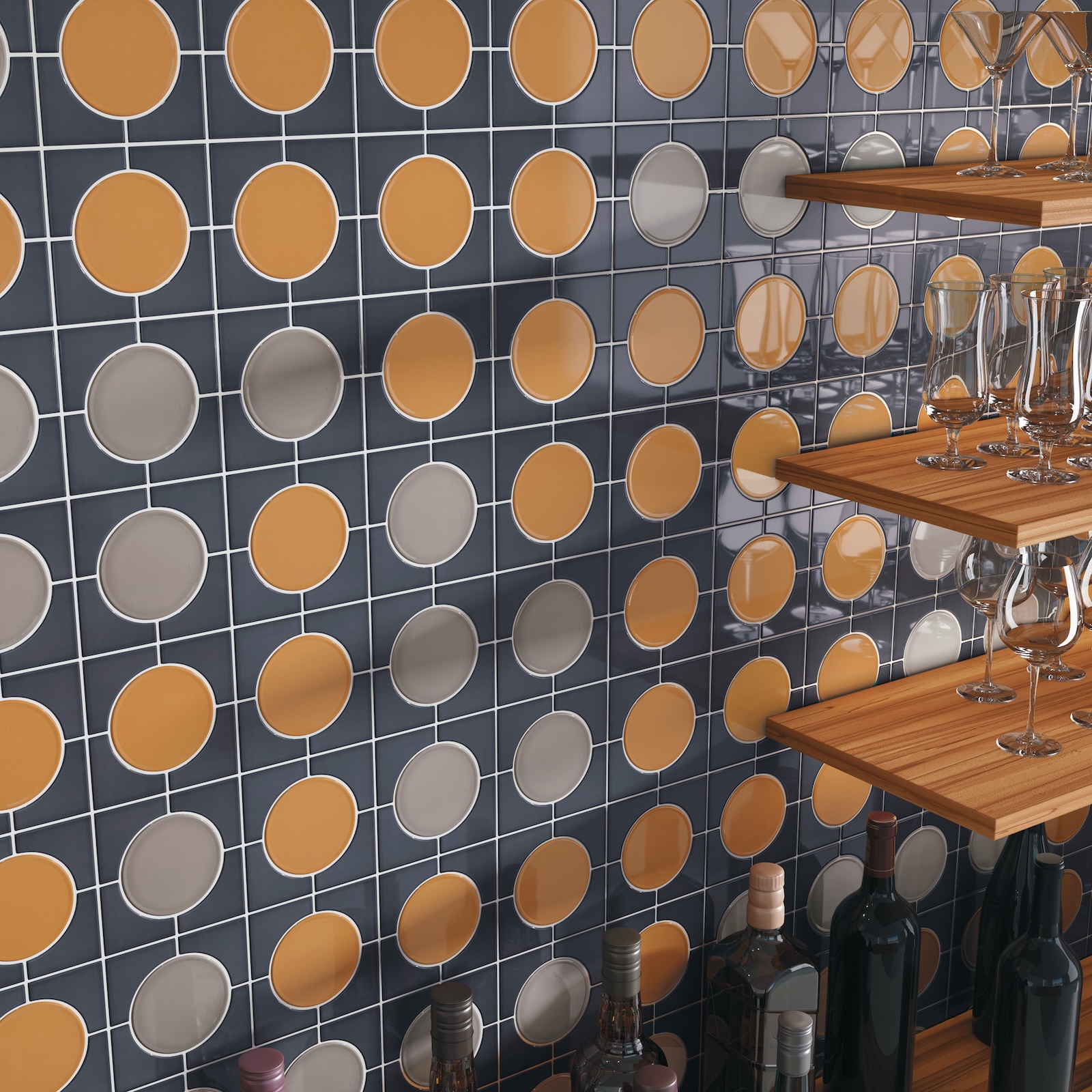 Cursive circle tile mosaics on bar backsplash