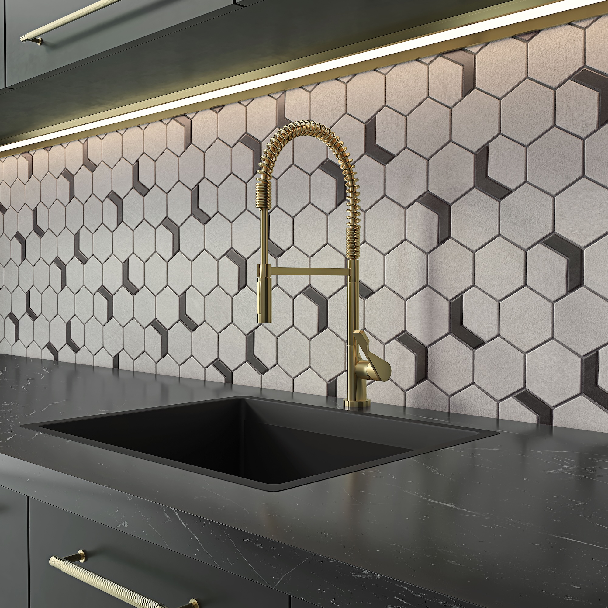 Native metal hex mosaics on kitchen backsplsah