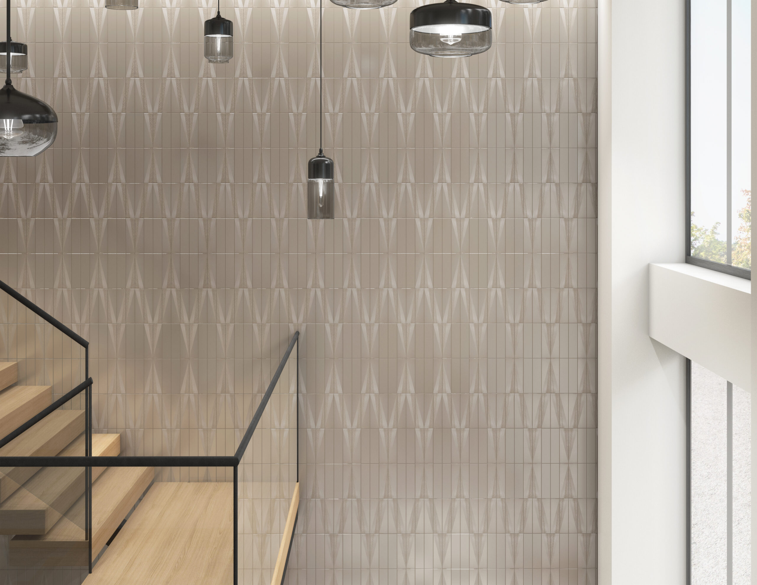 Snippet glossy and matte wall tile on stairway wall