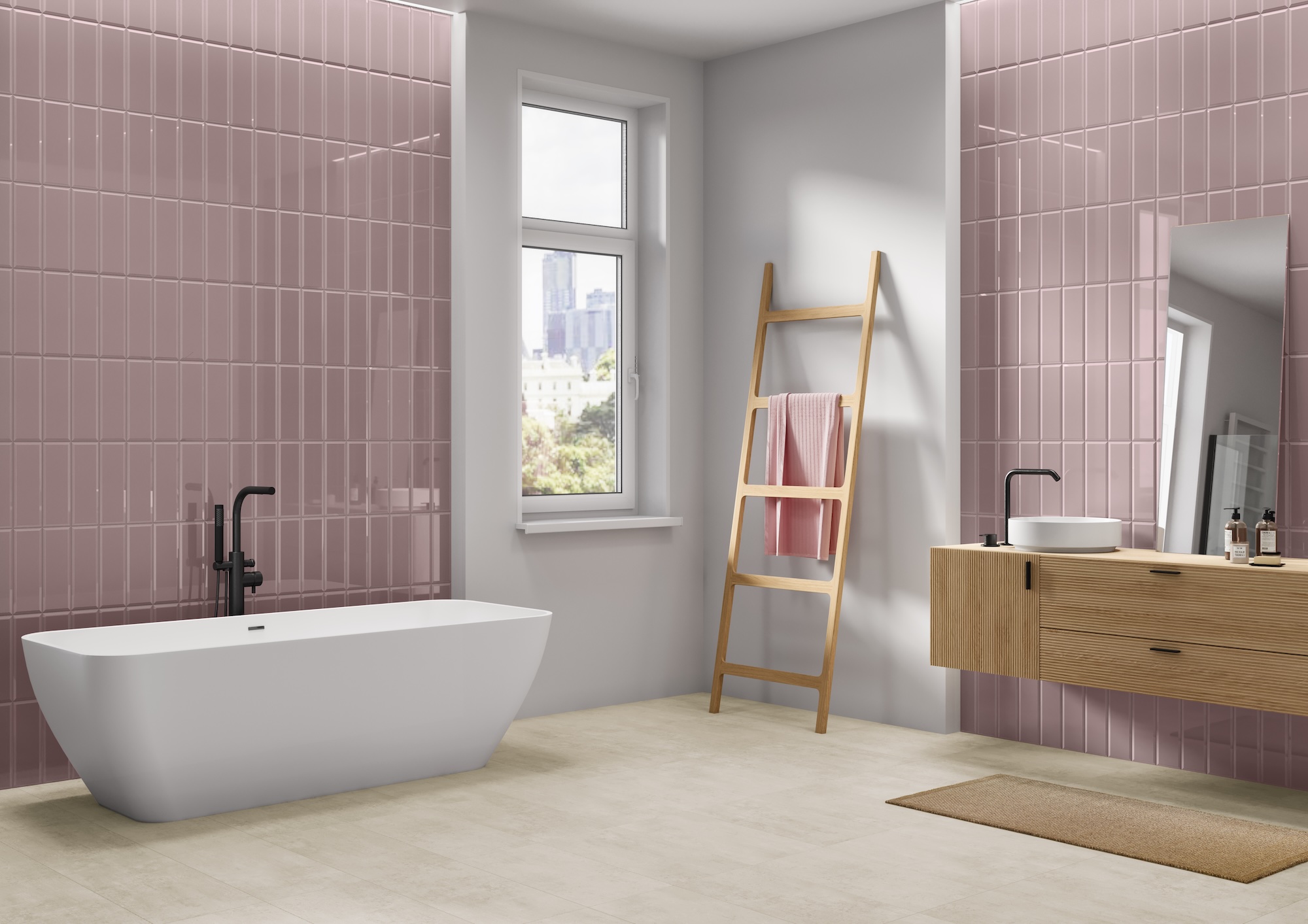 Color Perspectives beveled subway tiles in vertical stack on bathroom wall