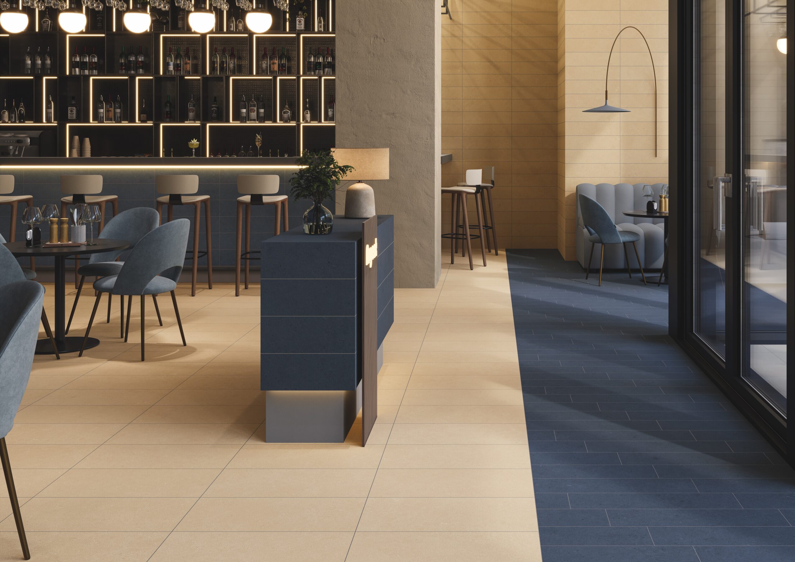 Restaurant with Argent porcelain tile on floor