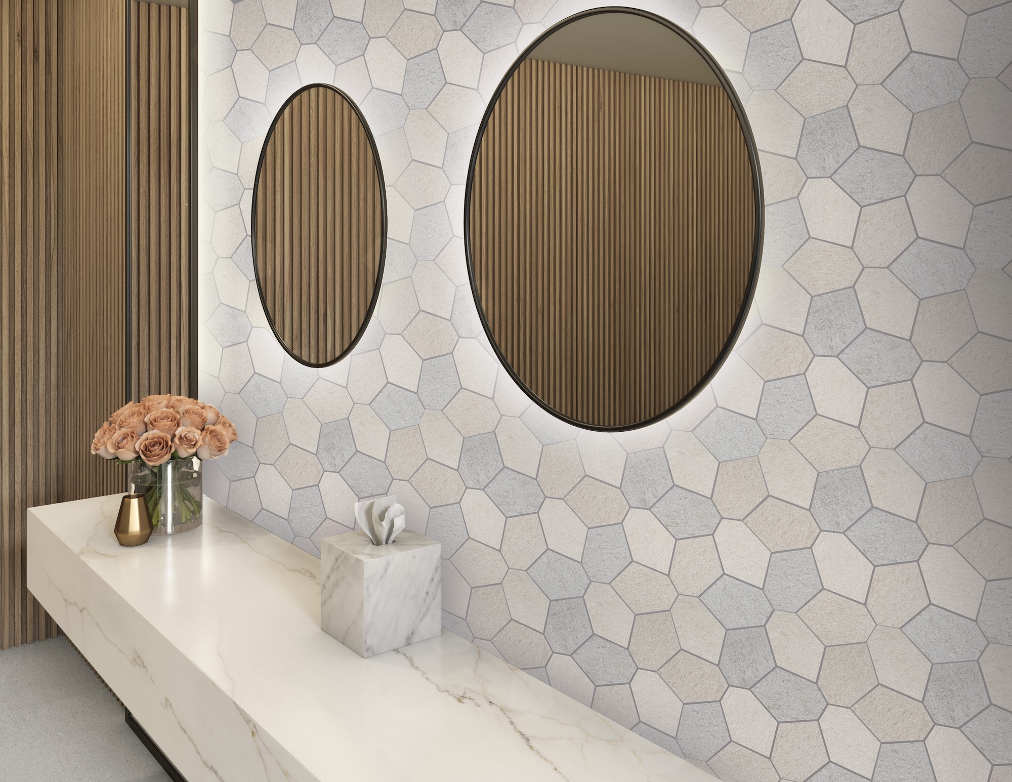 Commercial restroom with Civilization on wall