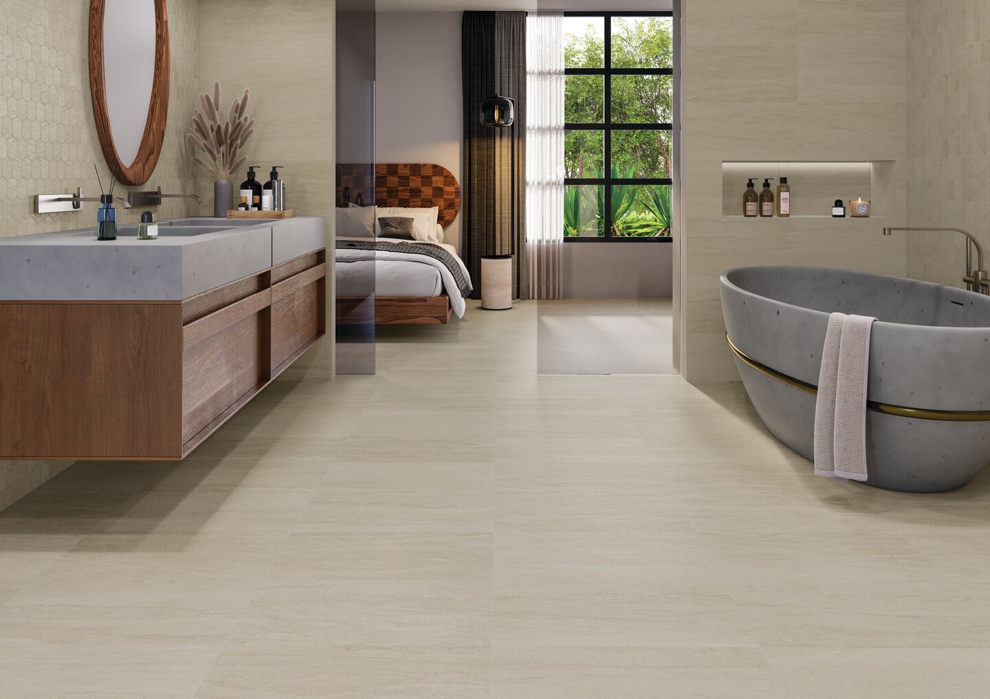 Hotel bathroom with Portland Cliff Porcelain Tile on lfoors and walls