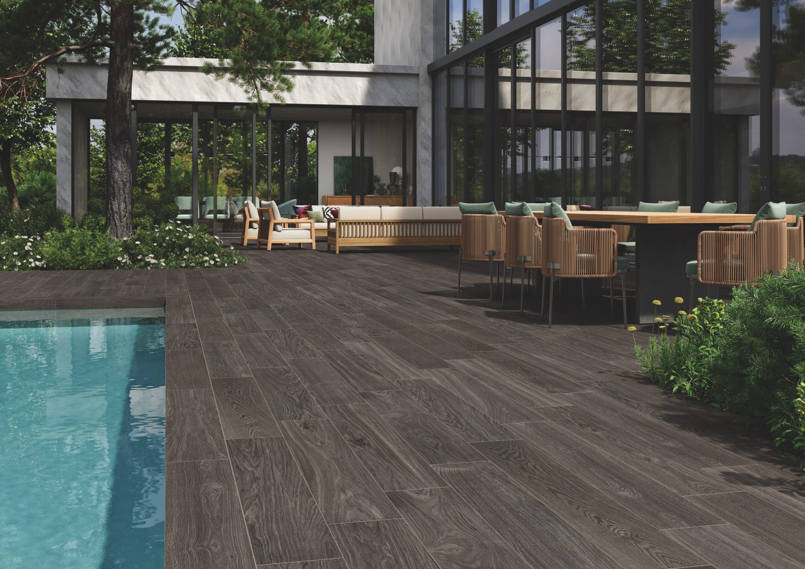 Rural Retreat wood-look tile on hotel pool deck