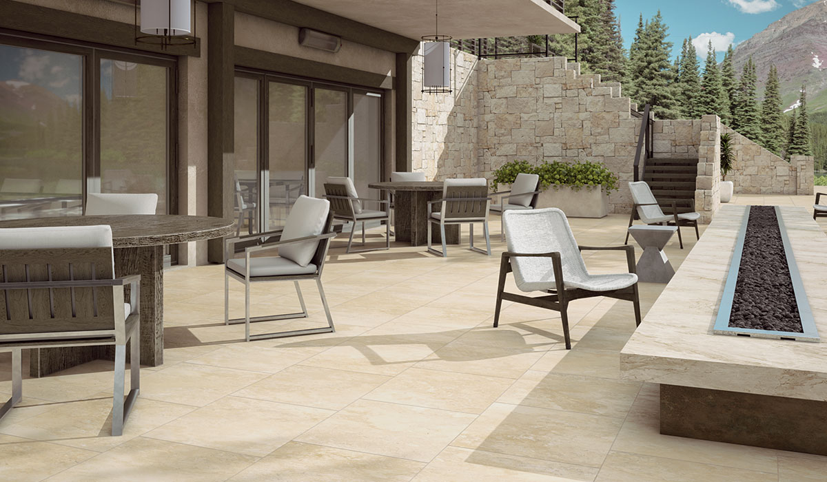 Travertine-look Stone Fiction on hospitality patio