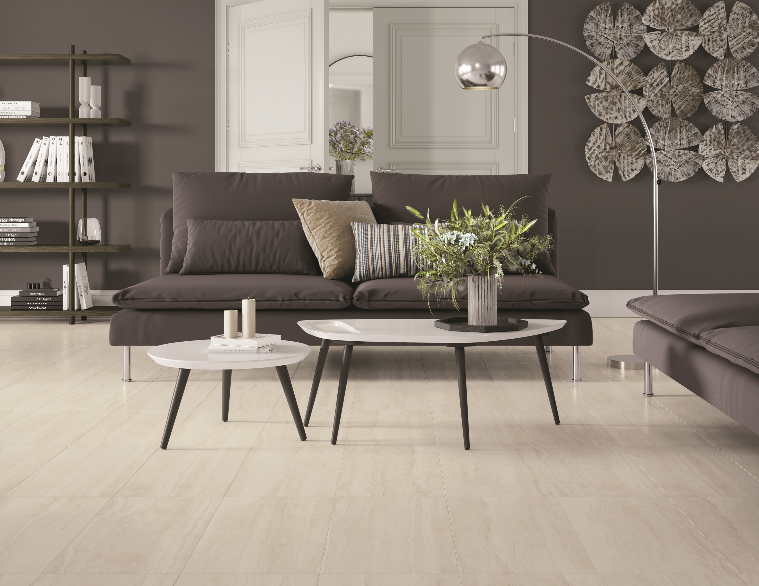 Access Point travertine porcelain tile on living room floor