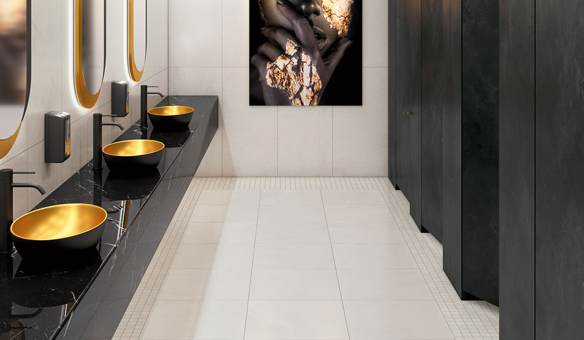 Owen stone ins commercial restroom on walls and floors