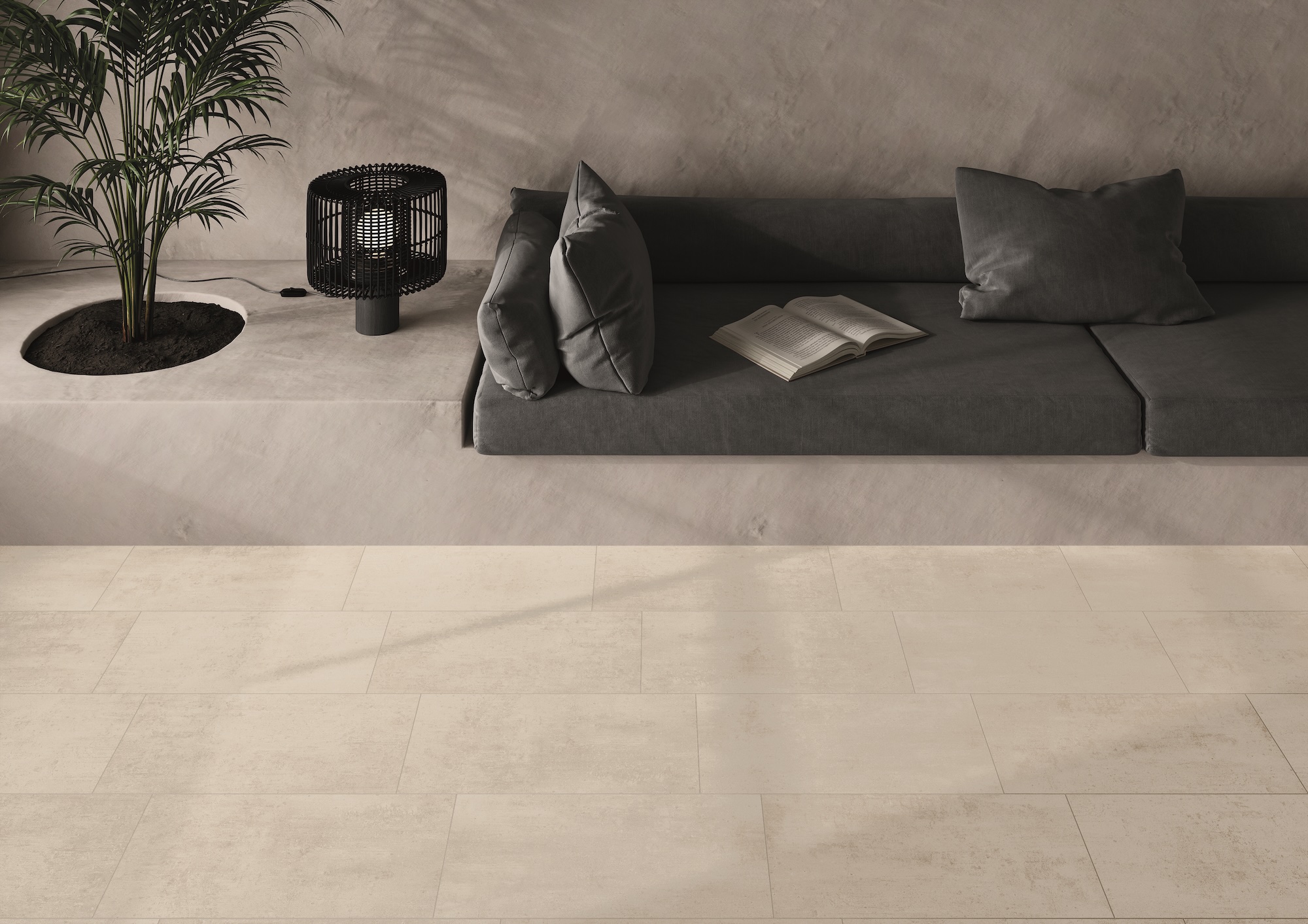 Access Point porcelain tile in Concrete White on a lobby floor