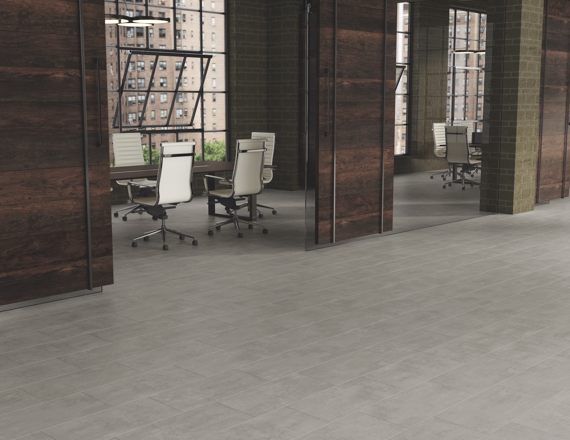 Access Point porcelain tile in Travertine Ash on office floor