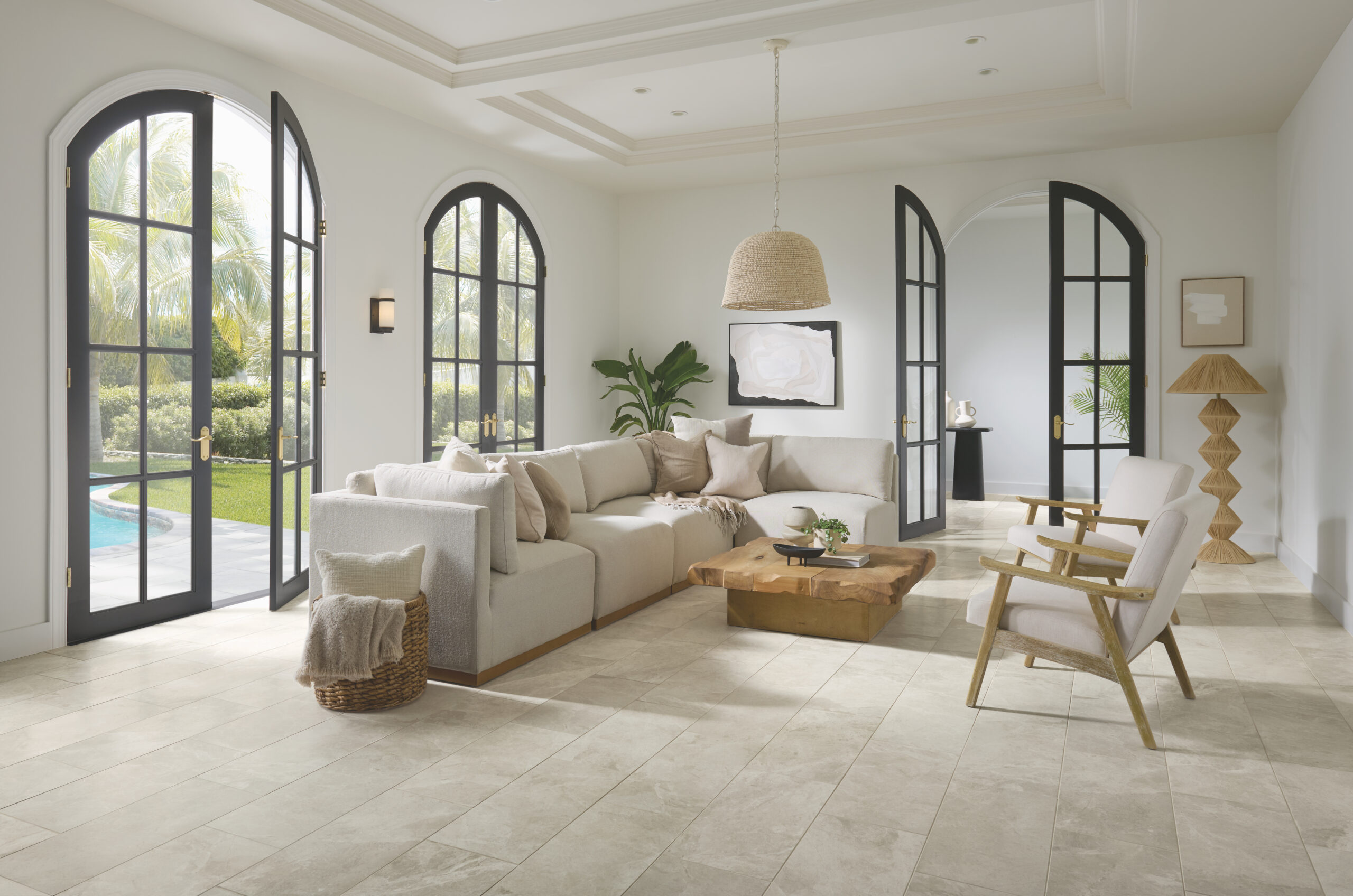 Living room with quartzite-inspired Cleve porcelain tile on floor