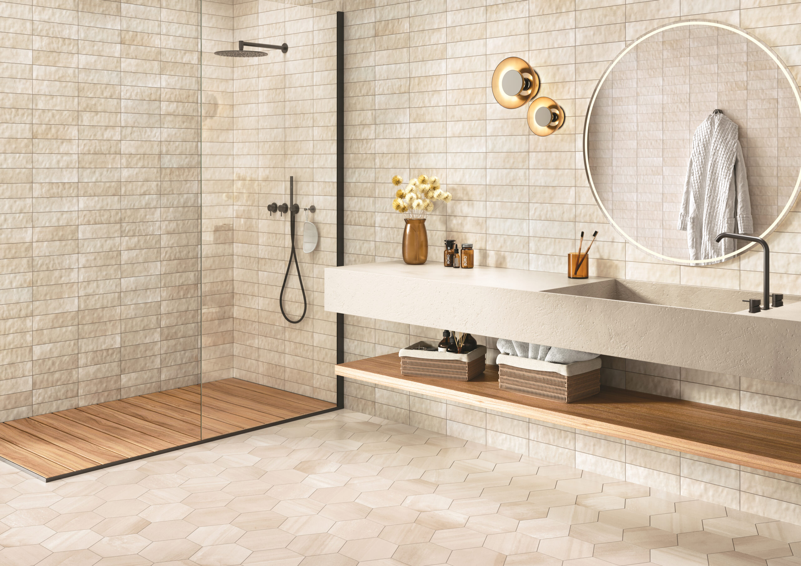 Bathroom/shower with Cotto Moderno undulating wall tiles