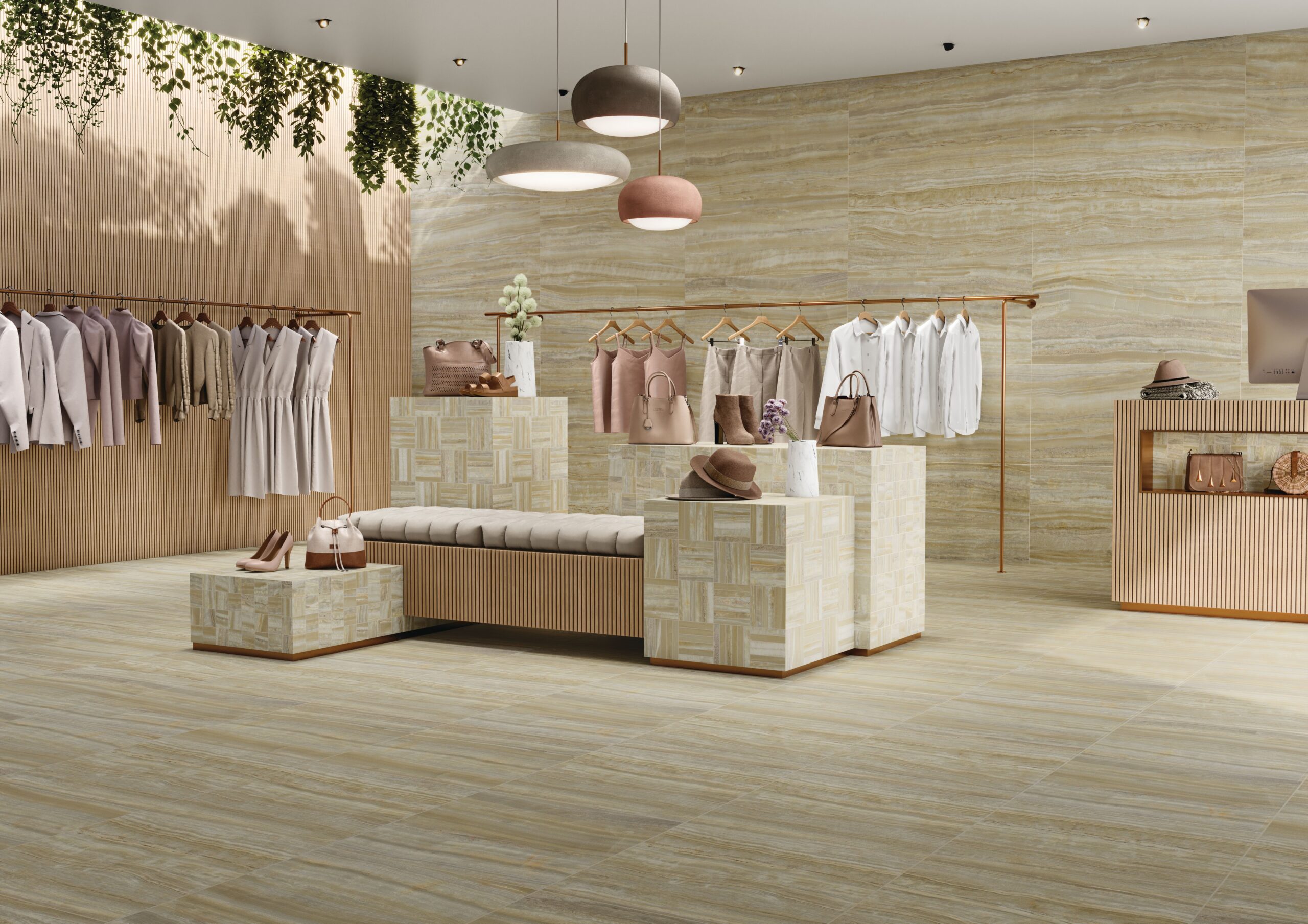 retail setting with travertine-sinpired marblique porcelain on walls and floor