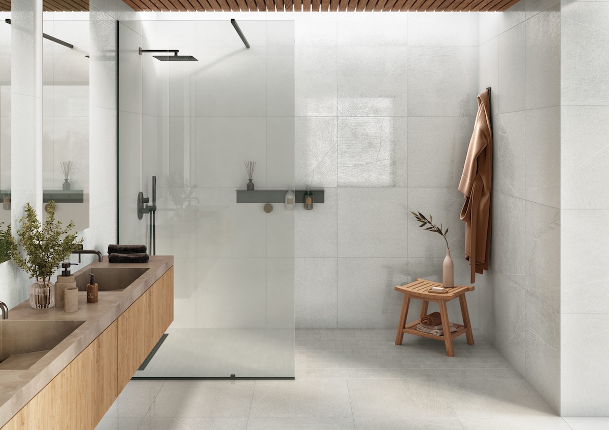 Bathroom/shower walls and floors with Sand Garden porcelain floor and wall tile