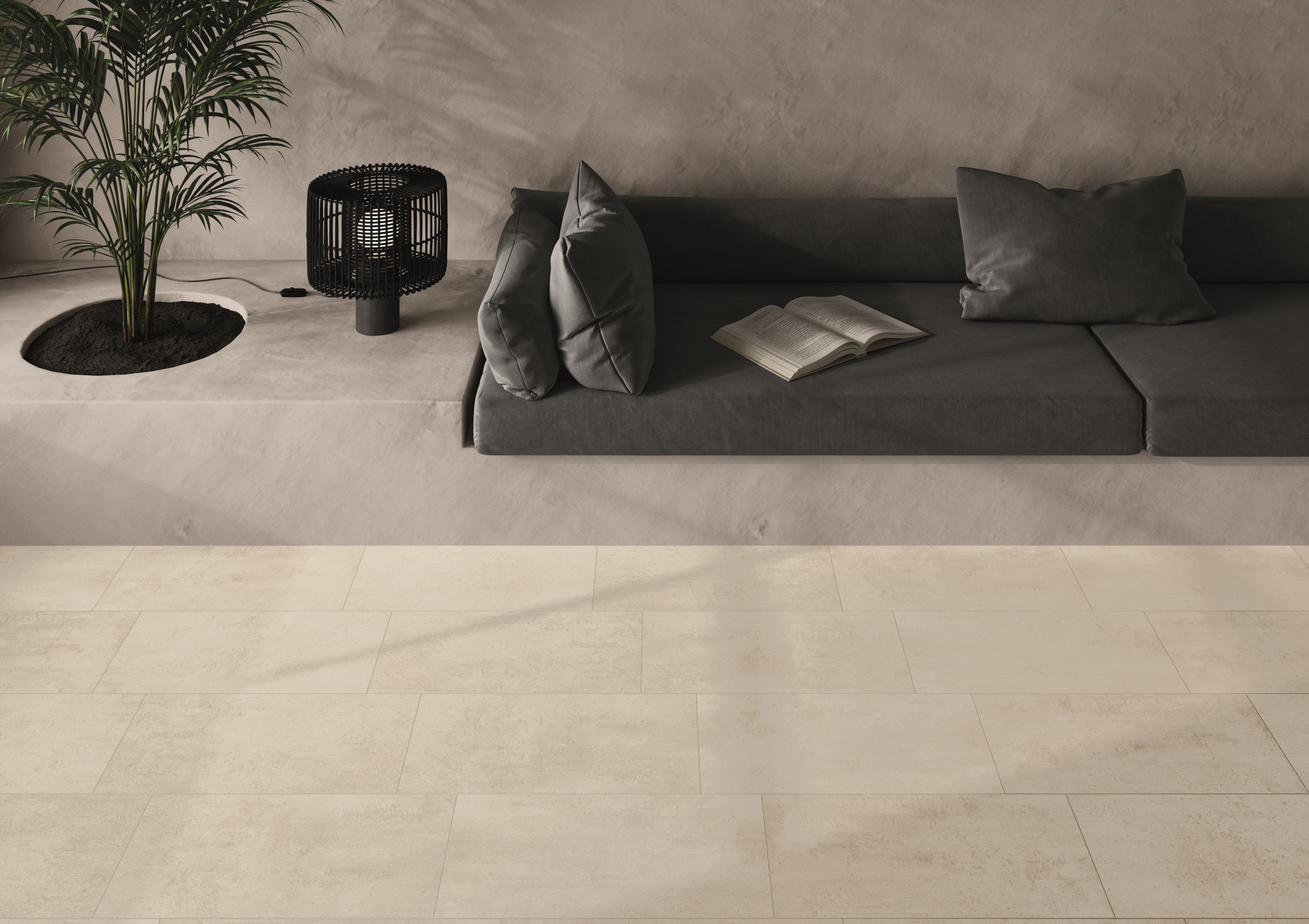 Living room with concrete look Access Point porcelain tile