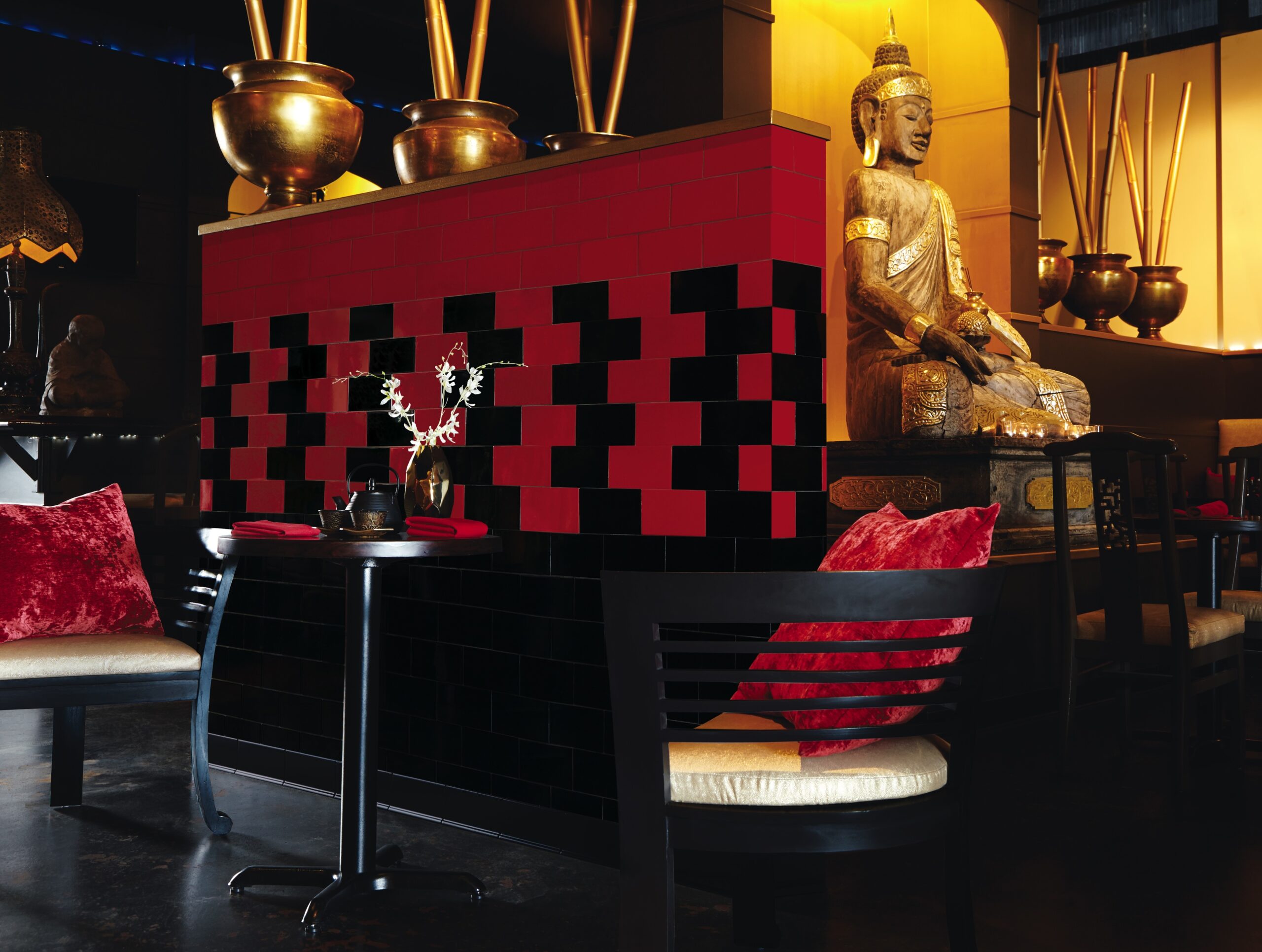 Red and black tiled (Color Blox) focal point wall in a restaurant